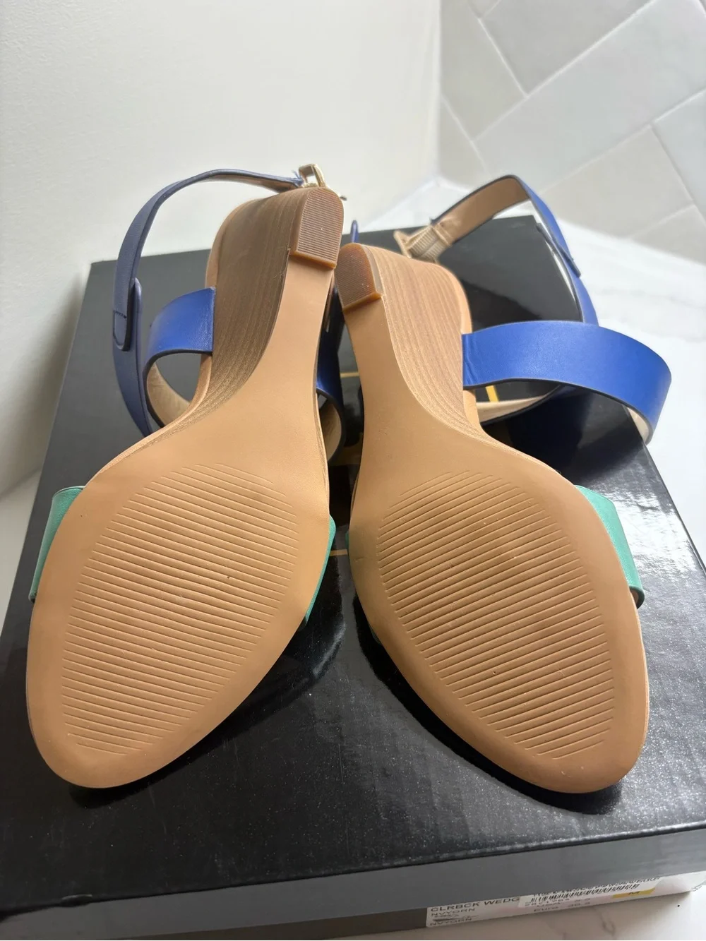 IMAN Navy and Green Colorblock Wedge Sandals